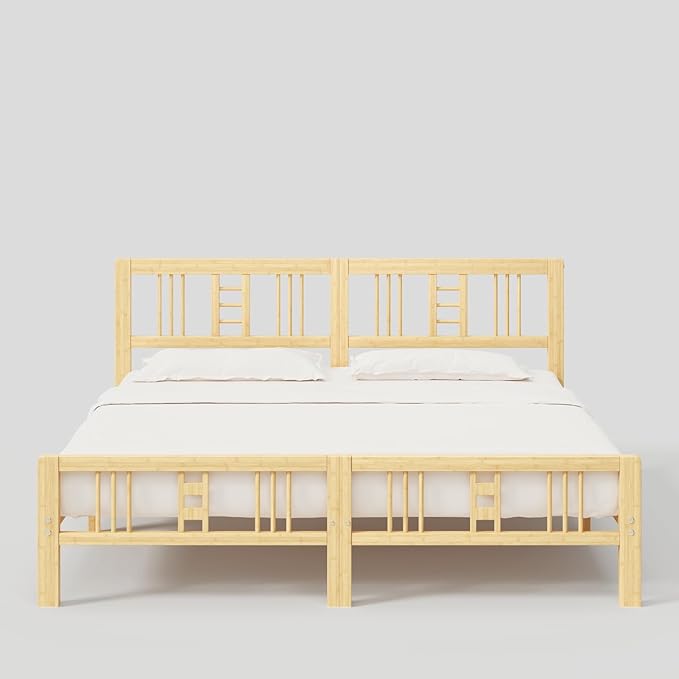 14 Inch High Bamboo King Bed Frame with Headboard and Footboard, Wood Bed Frame King Metal Slat Support Heavy Duty, No Box Spring Needed, Easy Assembly, Noise Free, Reinforced
