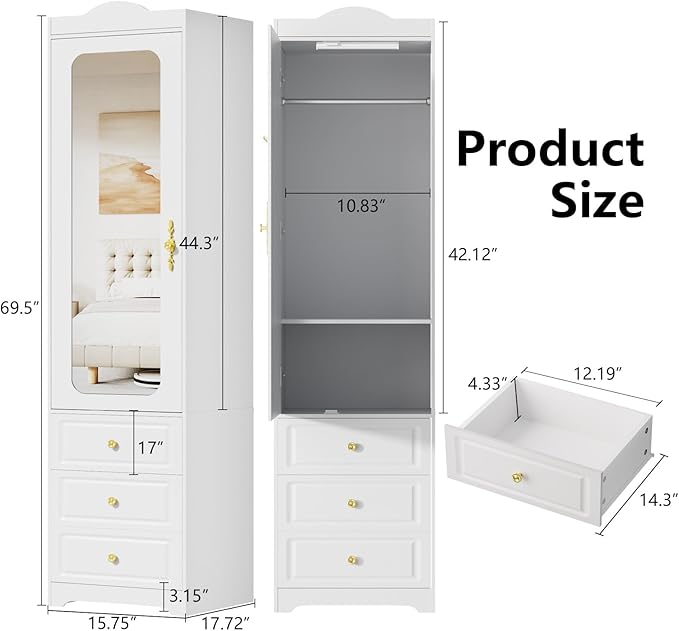 Armoire Wardrobe Closet, Updated Bedroom Armoires Cabinet with Mirror Door and 3 Drawers, 15.7" W White Clothing Storage Cabinet with Hanging Rod & Sensor Light for Bedroom-Right