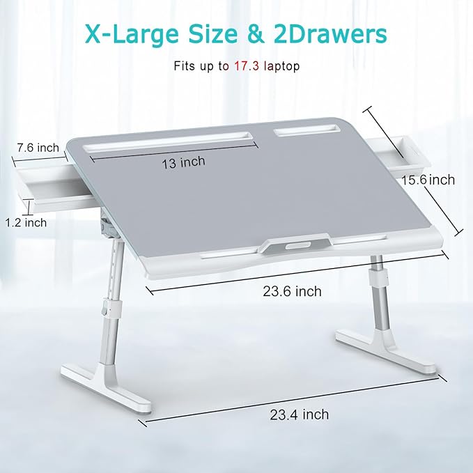 KLEAR Laptop Bed Tray Desk, Foldable and Adjustable Lap Table with Heights and Angles, Upgraded-Sturdy Laptop Lap Desk for Bed/Sofa/Couch/Floor (2 Drawers, Grey)