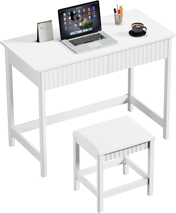 ChooChoo 40 Inch Modern Desk with Drawers, Makeup Vanity Desk with Padded Stool, Small Home Office Desk for Bedroom, White