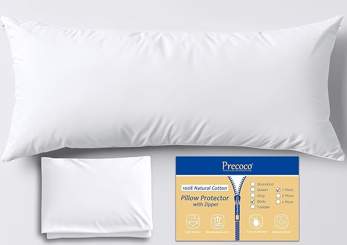 Precoco White Body Pillow Pillowcase-100% Cotton Cozy & Soft Body Pillow Cover with Double Zipper Hidden 600 Thread Count Cooling Pillow Protectors for Hair and Skin,20x54 Inches,1 Pack