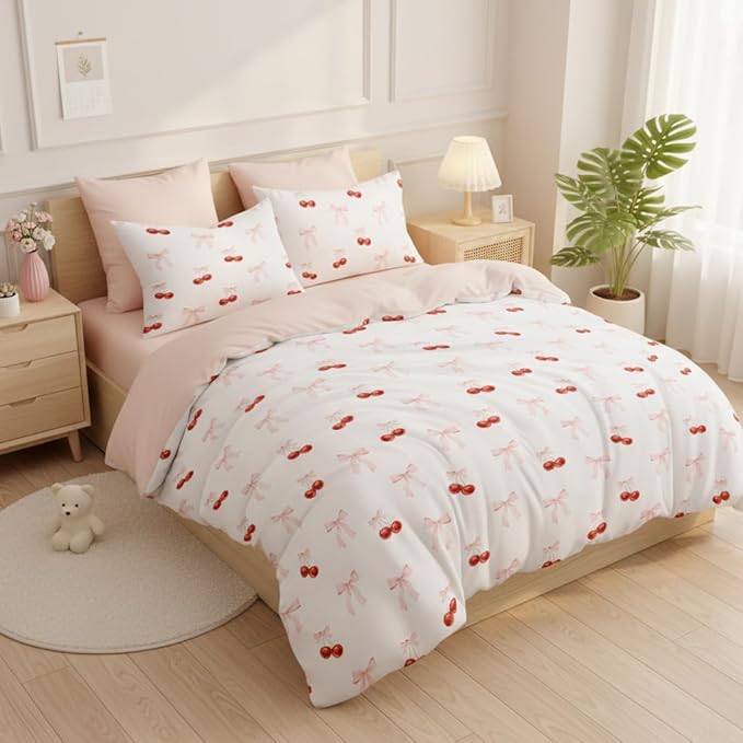 Nayoroom Pink Bow Duvet Cover Queen Size Reversible Red Cherry Duvet Cover 3 Pieces Soft Lightweight Microfiber Kids Girls Cute Aesthetic Dorm Bedding Set