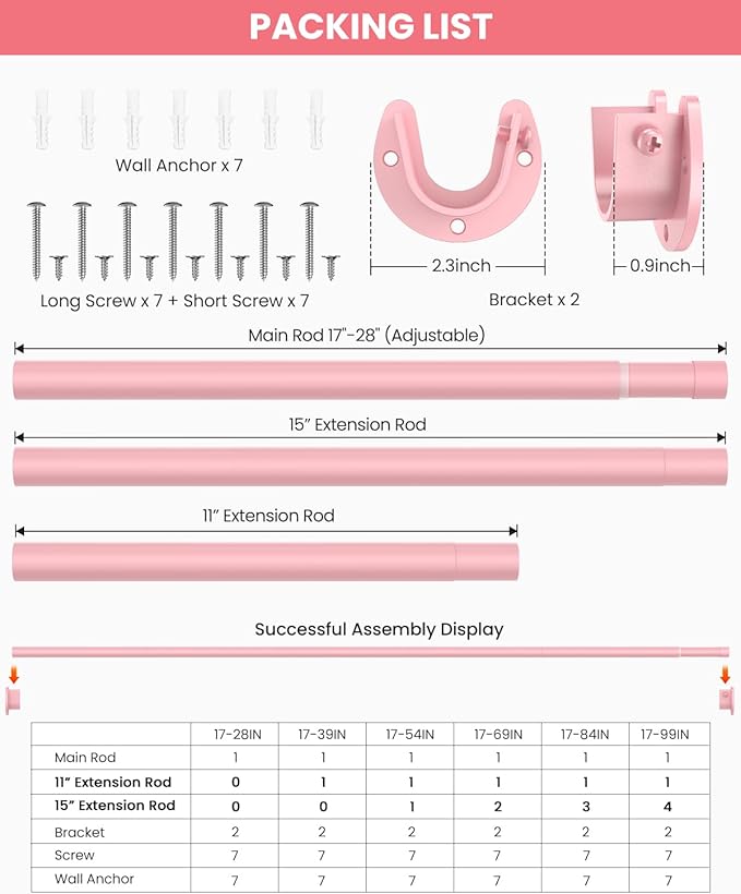 Supforce Closet Rods for Hanging Clothes, 17 to 39 Inches Stepless Adjustable Metal Closet Rod, 1.3 Inches Heavy Duty Clothes Hanging Rod for Closet Wardrobes Laundry RV, Pink
