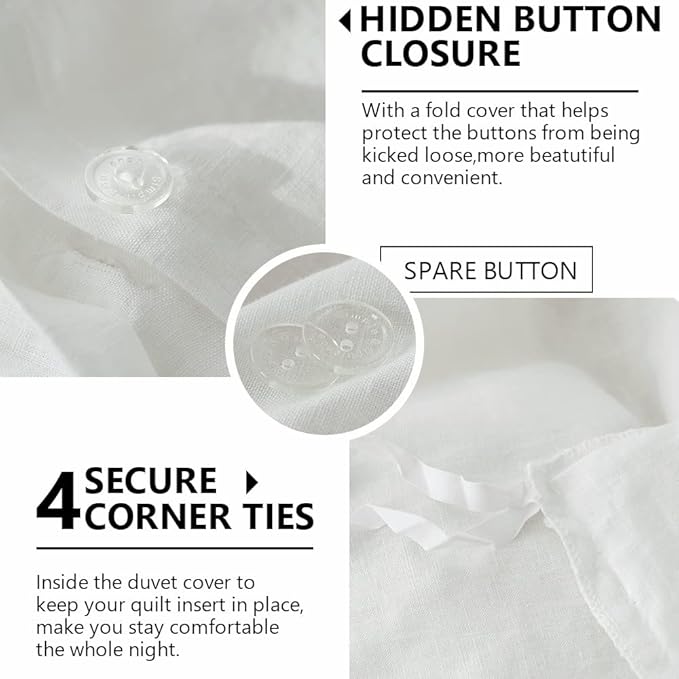 Simple&Opulence 100% Washed Linen Duvet Cover Set 5pcs(1 Duvet Cover& 2 Shams& 2 Pillowcases) Basic Style Natural French Flax Soft Breathable Farmhouse Bedding (Queen, White)