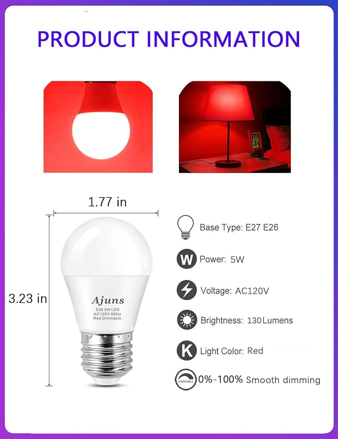 LED Red Sleep Light Bulb Dimmable, 100% Blue Light Blocking Bulb 630nm Promoting Melatonin Red Light Bulbs, A15 5W E26 Base Dim Light Bulbs for Bedroom, Baby Nursery,4 Packs