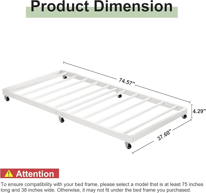 Lutown-Teen Twin Trundle Bed Frame with Metal Slats, Roll-Out Design, Easy Assembly Steel Frame with Lockable Wheels, Noiseless Pull Out Bed for Bedroom, Living Room or Guest Room, White