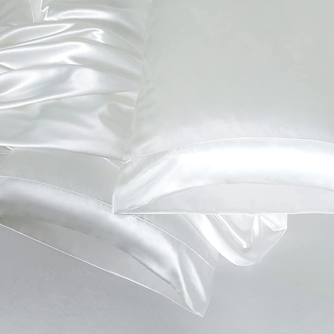 Homiest 4pcs Extra Deep Pocket Satin Sheets Queen Size Bed Set, 18-24 Inch Deep Pocket Bed Sheets White Satin Sheet Set, Silky Satin Bedding Set Luxury Fitted Sheet Set Fits Ultra Deep Mattress
