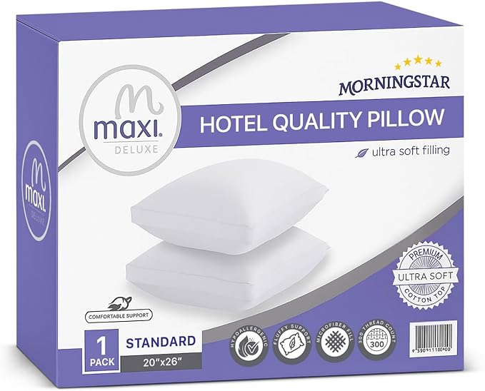 Maxi Deluxe Standard Size Bed Pillow – Ultra Soft & Comfortable – Versatile for Side, Back & Stomach Sleepers – 300TC Cotton Top – Single Pack – (Standard Size Pillow is 20 x 26)