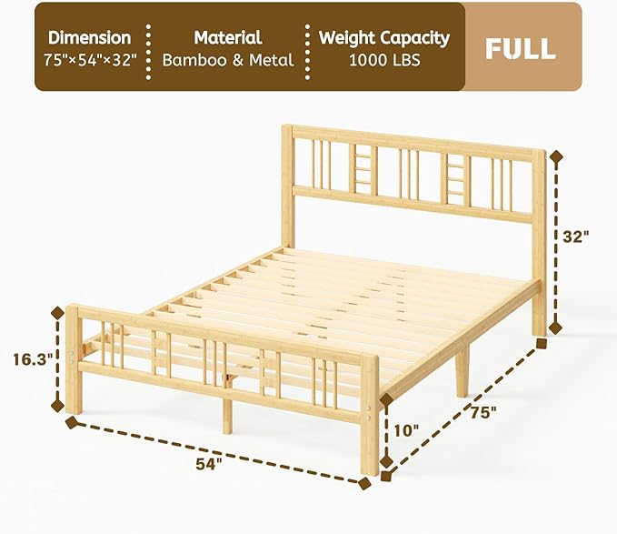 10 Inch High Bamboo Full Size Bed Frame with Headboard and Footboard, Wood Full Bed Frame No Box Spring Needed Heavy Duty, Metal Slat Support, Easy Assembly, Noise Free, Reinforced