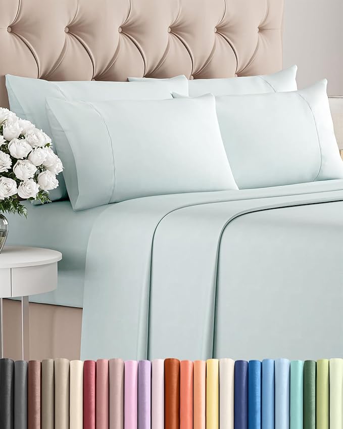 Queen 6 Piece Sheet Set - Comfy, Breathable & Cooling - Hotel Luxury Bedding for Women, Men, Kids, Teens & Children - 1 Flat & 1 Fitted Sheet & 4 Pillowcases w/ Deep Pockets - Wrinkle Free - Ice Blue