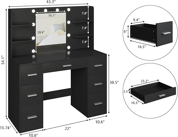 YESHOMY Vanity Desk with Mirror, Power Outlet and 10 Lights, Makeup Table with 7 Drawers, 3 Color Modes Available for Bedroom, Pure Black