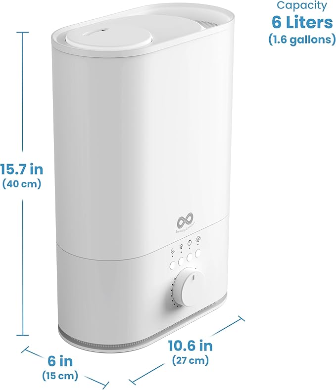 Everlasting Comfort 6L Top Fill Humidifier for Bedroom – Quiet, Easy to Fill & Clean, 60HR Runtime, Night Light, Timer, Ultrasonic Cool Mist, Auto Shut-Off for Indoor Use- White