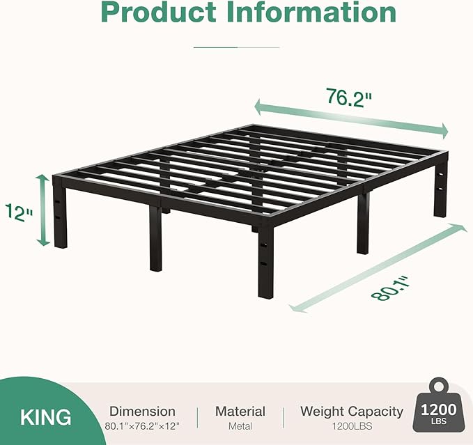 Novilla Bed Frame King Size, 12 Inch Simplicity Metal Platform King Size Bed Frame with Underbed Storage, No Box Spring Needed, Heavy Duty Steel Slat Support, for Bedroom, Guest Room, Noiseless