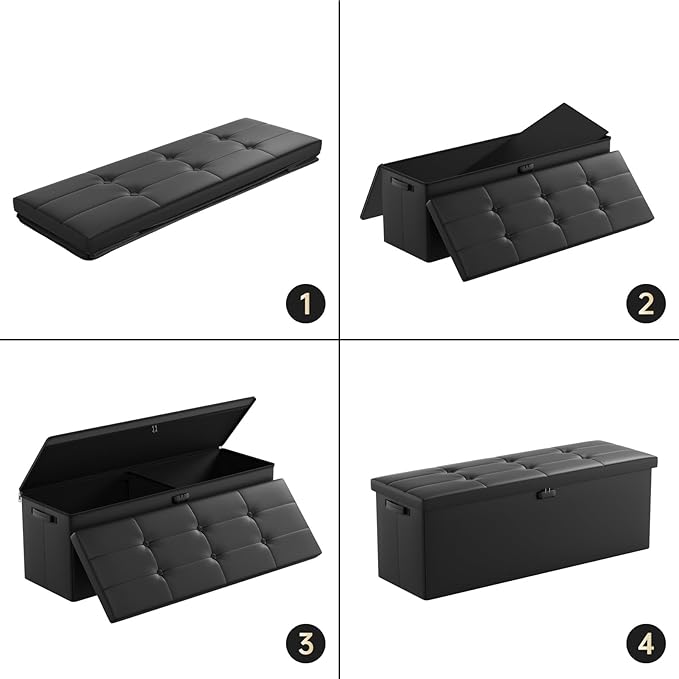 ENGPOW Storage Ottoman, Fireproof Folding Bench with Lock(15”x 43”x15”), Water-Resistant ＆ Heat Insulation Large Storage Chest with Handles＆2 Extra Boxes Safe for Living Room, Bedroom, Home, Black