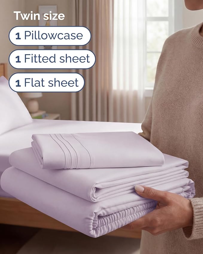 Twin Size 3 Piece Sheet Set - Comfy Breathable & Cooling Sheets - Hotel Luxury Bed Sheets for Women & Men - Deep Pockets, Easy-Fit, Soft & Wrinkle Free Sheets - Light Lavender Oeko-Tex Bed Sheet Set