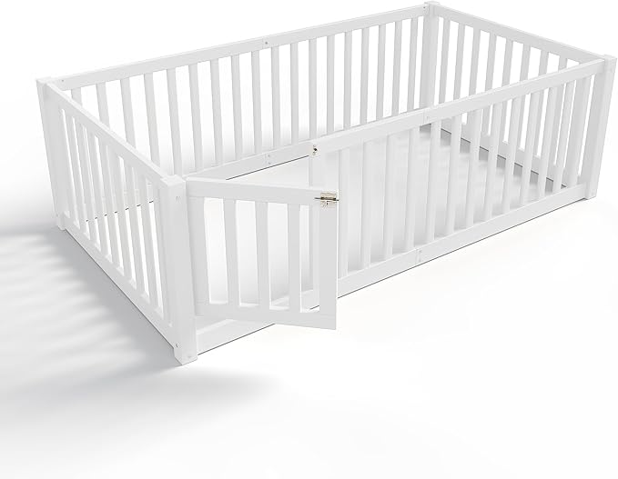 Bellemave Twin Size Montessori Floor Bed with 23.5" High Rails, Pine,Plywood Twin Floor Bed with Small Door, White