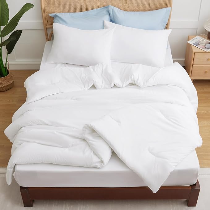 CozyLux Twin Comforter Set White, 2 Pieces Twin Extra Long Solid Breathable Bedding Sets for College Dorm, Twin XL Luxury Soft Bed Set with Down Alternative Comforter and 1 Pillowcase All Seasons