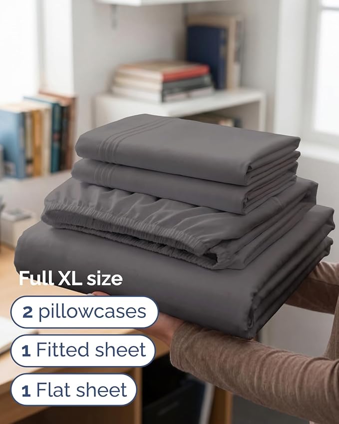 Full XL Bed Sheet - 4 Piece Full XL Bed Sheets Set - Ultra-Soft, Breathable & Cooling - Hotel Luxury Bedding for Women & Men with Deep Pockets - Wrinkle Free & Fade Resistant - Oeko-Tex - Dark Grey