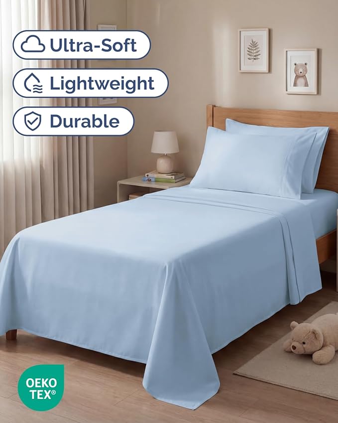 Twin 4 Piece Sheet Set - Comfy, Breathable & Cooling - Hotel Luxury Bedding for Women, Men, Kids, Teens & Children - 1 Flat & 1 Fitted Sheet & 2 Pillowcases w/ Deep Pockets - Wrinkle Free - Baby Blue