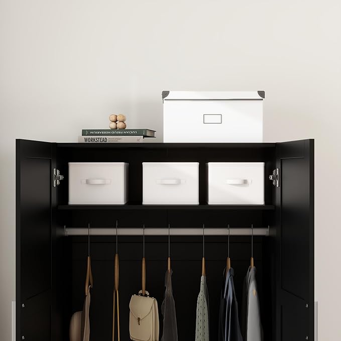 Panana Modern 2 Door Wardrobe Bedroom Armoires Closet Clothing Storage Cupboard with 2 Shelves & Hanging Rod for Bedroom (Black)