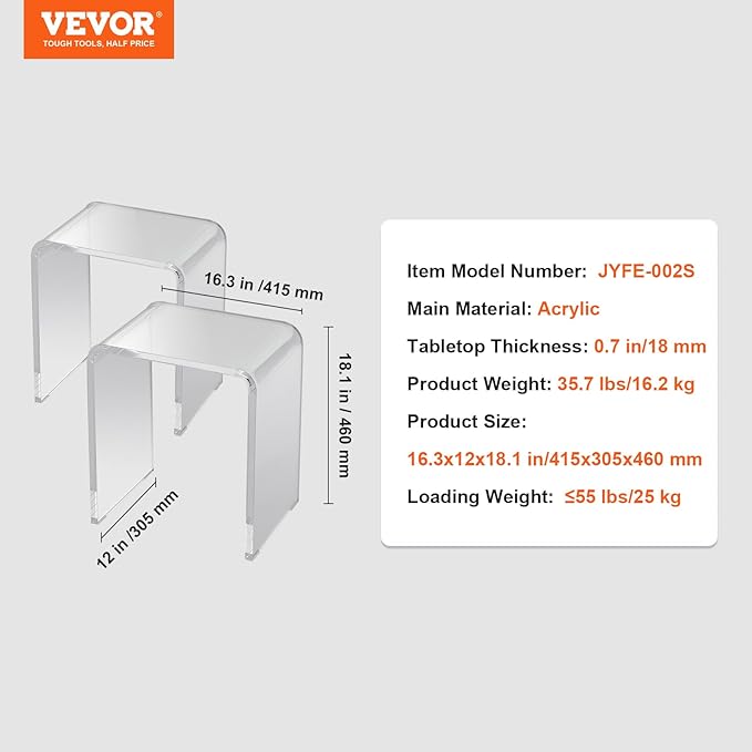 VEVOR Acrylic Side Table Set of 2, U- Shaped Coffee Table, Clear Acrylic End Table with Waterfall Edges for Drink, Food, Snack Used in Living Room & Bedroom