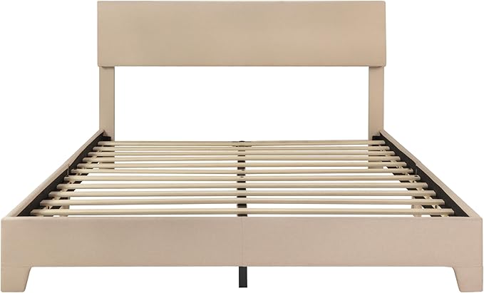 SHA CERLIN Upholstered Queen Size Bed Frame with Adjustable Headboard, Stable Mattress Foundation, Strong Back-Support, No Box Spring Needed, Beige