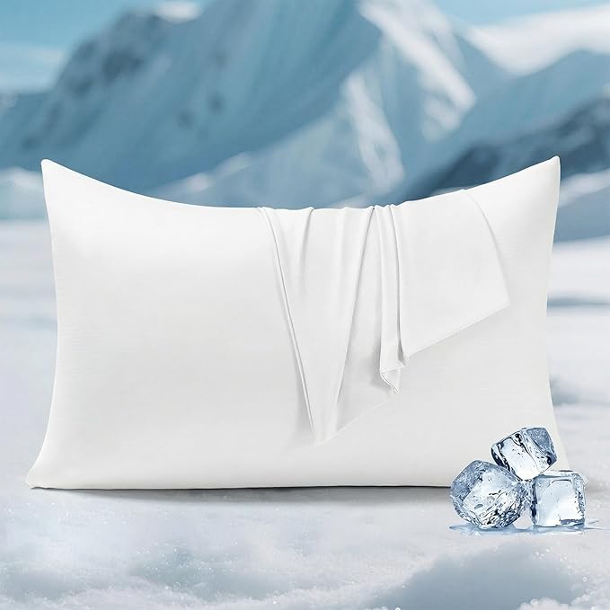 Elegear Cooling Pillow Cases for Hot Sleepers, Silver Infused Cooling Pillowcase Instantly Cool with Q-Max>0.5, Soft Silky Pillowcases for Hair & Skin, Zipper Anti Acne Pillowcase Set of 2-Queen,White