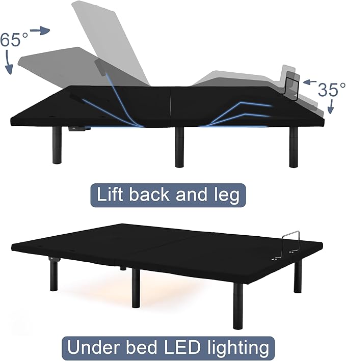 Fromann Adjustable Electric Full Bed Base Frame with Massage,USB Type-C Ports, Zero Gravity, Under Bed Led Lighting and Three Leg Height (Black)