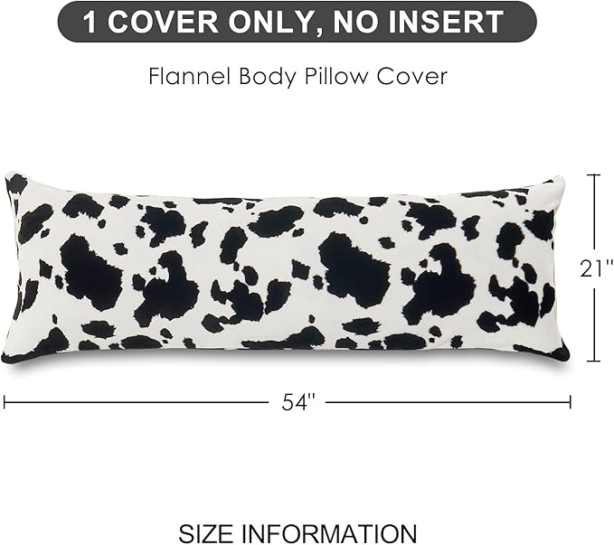 SOCHOW Body Pillow Cover 21x54 Inches, Super Soft and Cozy Cow Print Fleece Long Body Pillowcase with Zipper Closure,1 Pack, Black/White