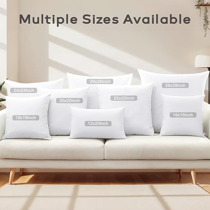 SAVORI Set of 2 Down and Feather Throw Pillow Inserts 12x20 Soft Fluffy Pillow Inserts with 100% Down-Proof Cotton Cover, Decorative Square Cushion Inner for Sofa Couch Bed-White