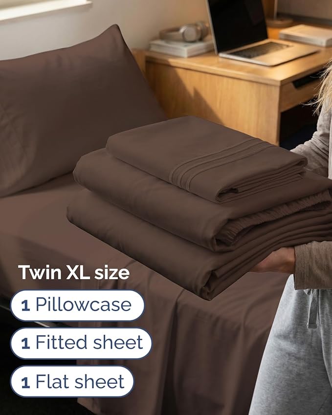 Twin XL Size 3 Piece Sheet Set - Comfy Breathable & Cooling Sheets - Hotel Luxury Bed Sheets for Women & Men - Deep Pockets, Easy-Fit, Extra Soft & Wrinkle Free Sheets - Brown Oeko-Tex Bed Sheet Set