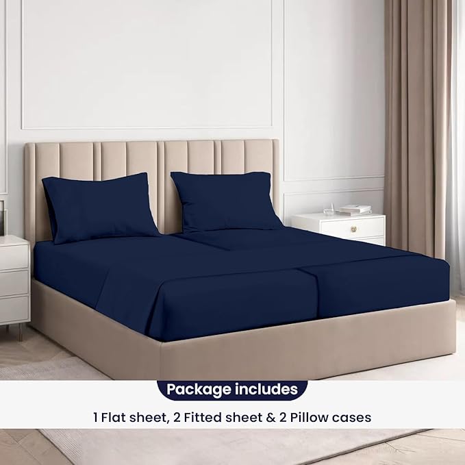 SGI Split King Sheet Set for Adjustable Bed Egyptian Premium Cotton 600 Thread Count Sheets for Sleep Number Bed 15" Deep Pocket 5 Pc Set with 2 Twin XL Fitted Sheets Soft Breathable -Navy Blue