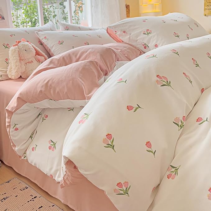 Nayoroom Pink Floral Duvet Cover Queen Size Coquette Tulip Printed on White Reversible Comforter Cover 3Pcs Kids Girls Cottagecore Bedding Set with Zipper Closure Soft Breathable Microfiber