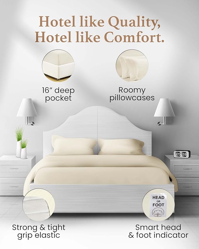 Good Sleep Bedding XL Twin Sheets - 100% Egyptian Cotton Sheets, 4 Pc, Twin XL Bed Sheets, Long Staple Cotton Twin XL Sheet Sets, Cooling Sheets, 16" Deep Pocket - Ivory