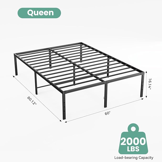 OLIXIS Queen Bed Frame, Heavy Duty Sturdy 16 Inch Metal Platform Bed Frames, Enhanced Stability & Noise-Free, Under-Bed Storage, No Box Spring Needed, Easy Assembly