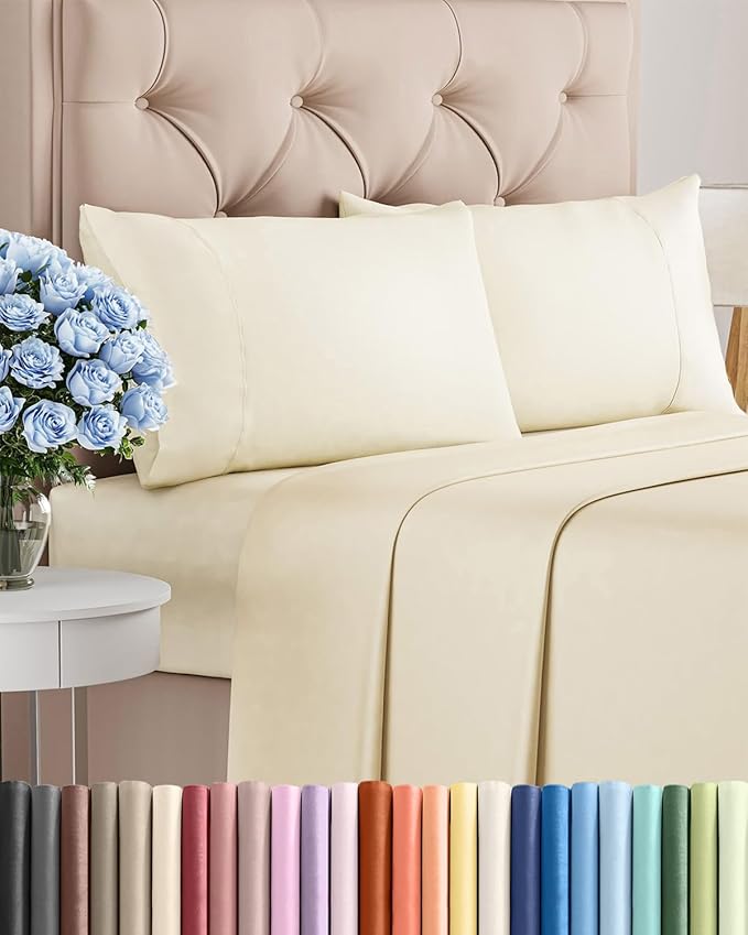 Twin 4 Piece Sheet Set - Comfy, Breathable & Cooling - Hotel Luxury Bedding for Women, Men, Kids, Teens & Children - 1 Flat & 1 Fitted Sheet & 2 Pillowcases w/ Deep Pockets - Wrinkle Free - Off White