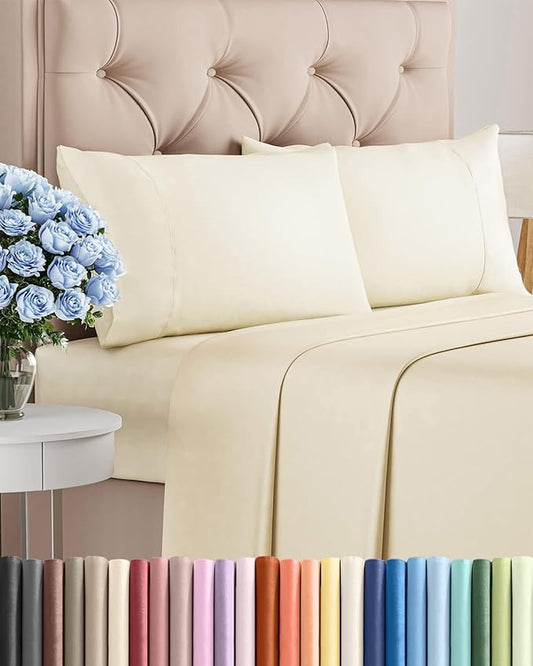 Twin 4 Piece Sheet Set - Comfy, Breathable & Cooling - Hotel Luxury Bedding for Women, Men, Kids, Teens & Children - 1 Flat & 1 Fitted Sheet & 2 Pillowcases w/ Deep Pockets - Wrinkle Free - Off White