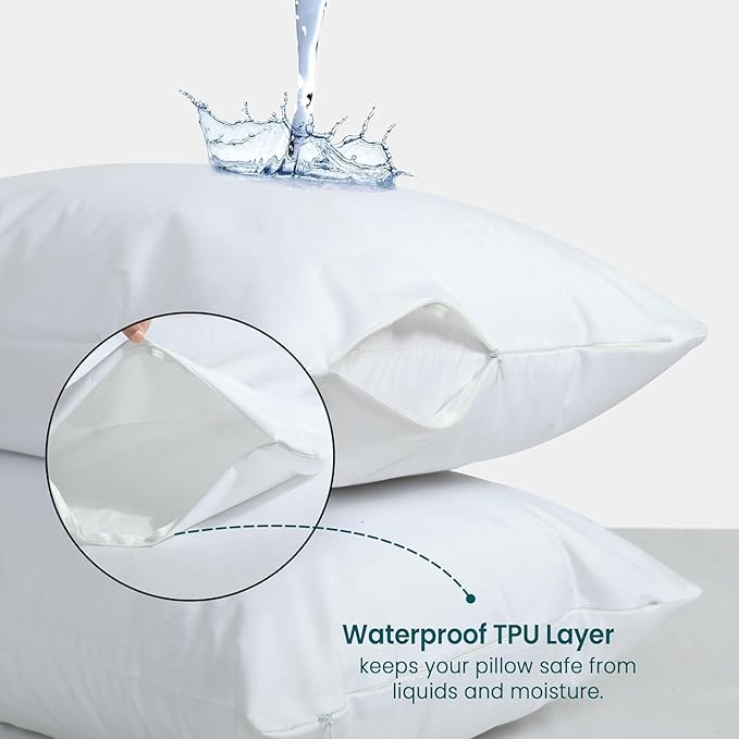 Waterproof Pillow Protectors with Zipper, Standard Size Pack of 4 Zippered Pillow Covers, Noiseless Pillow Encasement Cases 20 x 26 Inches