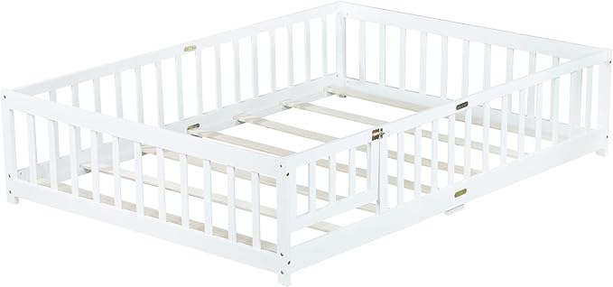 Bellemave Full Size Floor Bed with Slats and Safety Guardrail, Full Size Montessori Floor Bed with Fence and Door, Easy Assemble Montessori Beds for Kids, Girls, Boys, White