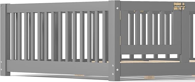 Bellemave Queen Floor Bed with Slats and Door, Queen Size Montessori Floor Bed with Fence and Door, Easy Assemble Montessori Beds Frame for Girls, Boys, Gray