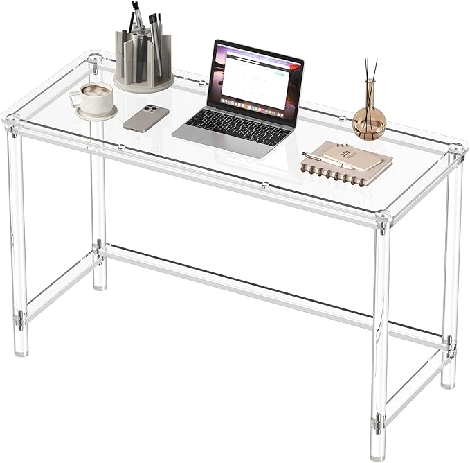 HMYHUM Acrylic Computer Desk, 47 Inch Clear Home Office Desk for Laptop, Study, Writing, Vanity Table with Cylindrical Legs, Modern, Easy Assembly
