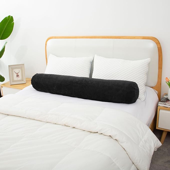 1 MIDDLE ONE Round Body Pillow for Adults, Long Bolster Pillow for Bed with Removable Velvet Cover, Decorative Tube Roll Cylinder Pillow, 47 x 7.87 Inch, Black