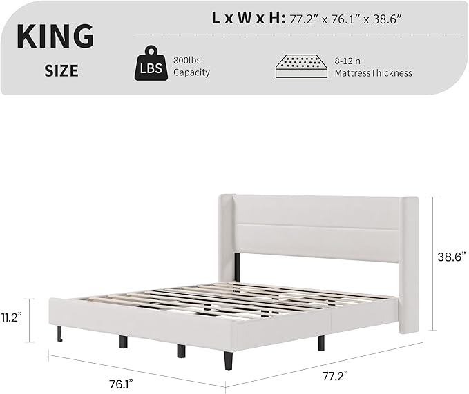 Garvee King Size Bed Frame with Wingback Headboard, Velvet Upholstered Platform Bedframe with Wood Slats, No Box Spring Needed, Easy Assembly, White