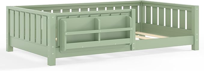 Bellemave Twin Floor Bed Frame with Fence & Bookshelf, Solid Pine Wood Twin Montessori Floor Bed with Slats Load 250LBS, Low Profile Floor Bed for Kids, Bedroom, Nursery, Easy Assembly, Green