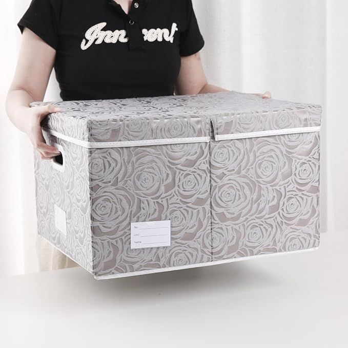 PRANDOM Extra Large Collapsible Storage Boxes with Lids Fabric Decorative Storage Bins Cubes Organizer Baskets with Cover Handles Divider for Bedroom Closet Living Room 19.6x15.7x11.8 Inch 3 Pack