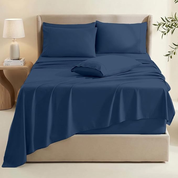 Hearth & Harbor Extra Deep Pocket Sheet Set, 6Pc Split King Size, Navy Blue