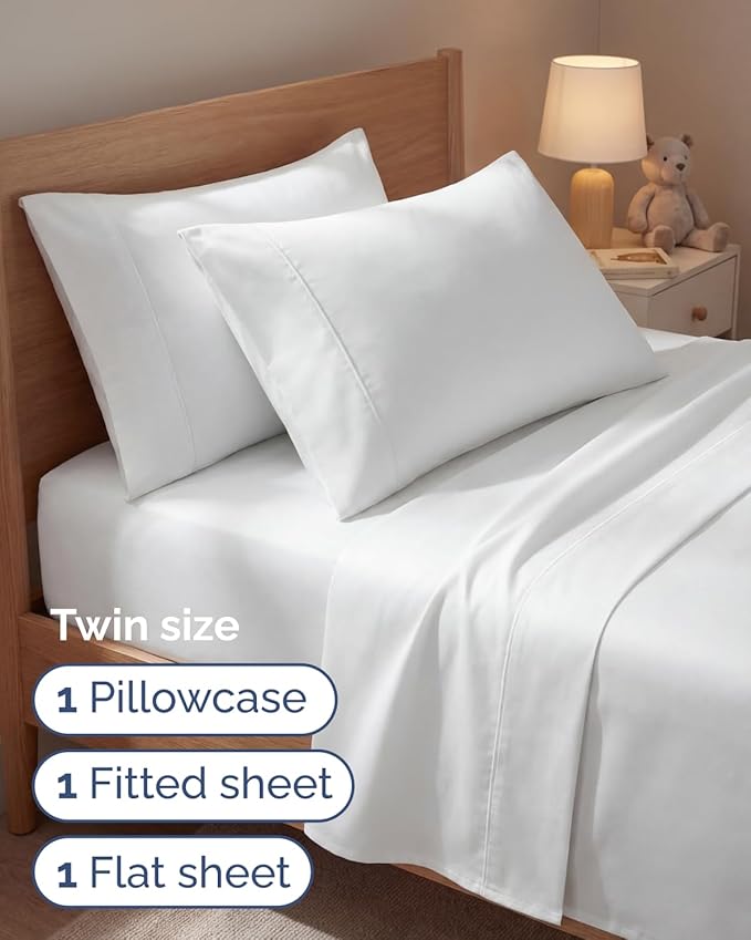 Twin 4 Piece Sheet Set - Comfy, Breathable & Cooling - Soft Hotel Luxury Bedding for Women, Men, Kids, Teens & Children - 1 Flat & 1 Fitted Sheet & 2 Pillowcases w/ Deep Pockets - Wrinkle Free - White