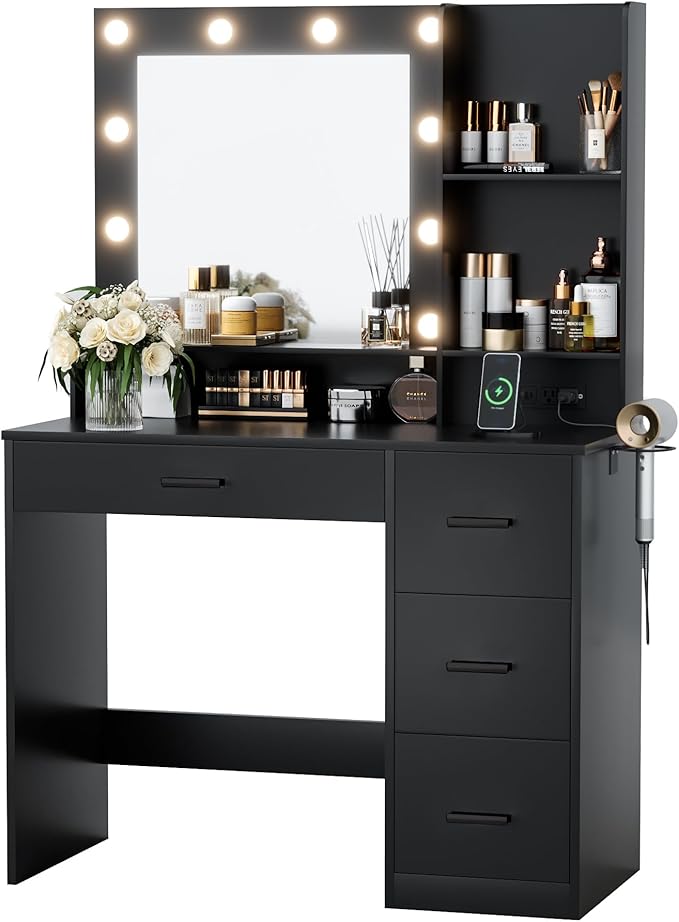 Furmax Vanity Desk with LED Lighted Mirror&Power Outlet, 39.3’’ Makeup Vanity Table with 4 Drawers and 3 Storage Shelves, Adjustable 3 Lighting Colorfor Bedroom&Dressing Room (Black)