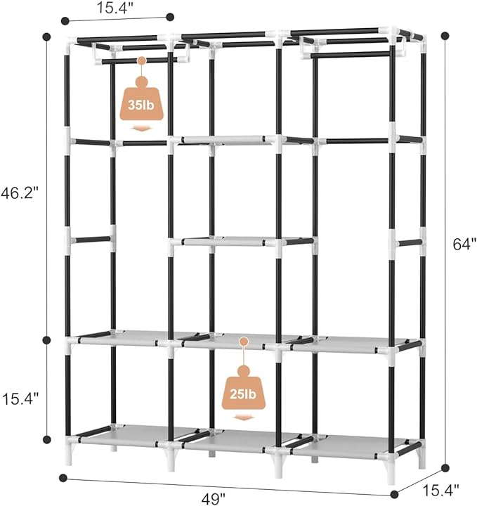 VTRIN Portable Closet Wardrobe for Hanging Clothes with 2 Hanging Rods and 8 Storage Organizer Shelves,Sturdy Large Wardrobe Closet for Bedroom Free Standing Clothes Rack with Cover,Grey