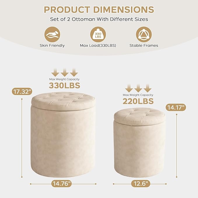 oakvivo Faux Leather Round Ottoman with Storage 12.6" W x 14.17" H & 14.76" W x 17.32" H Set of 2, Small Boucle Coffee Table Footstool with Removable Lid for Living Room, Bedroom, Beige